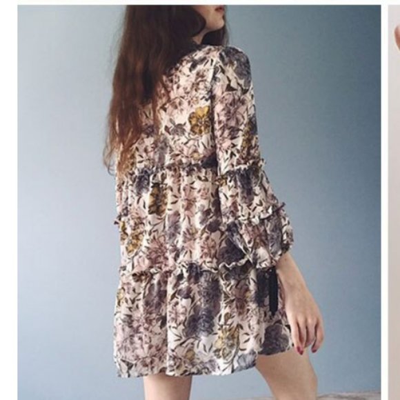 Boho Floral Print Tassel Long Sleeves Chiffon Dress - Picture 2 of 9